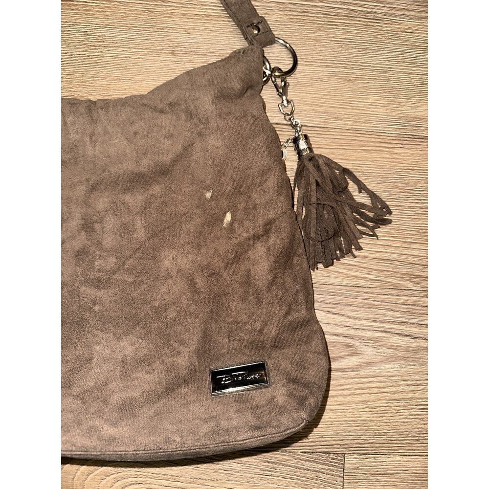 B. Makowsky Brown Faux Suede Hobo Shoulder Bag Silver Hardware Tassel - Picture 2 of 3